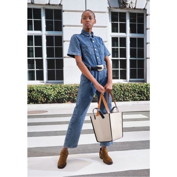 DL1961 Hannah Denim Straight Leg Button Front Short Sleeve Long Jumpsuit Sz XS - Picture 2 of 10